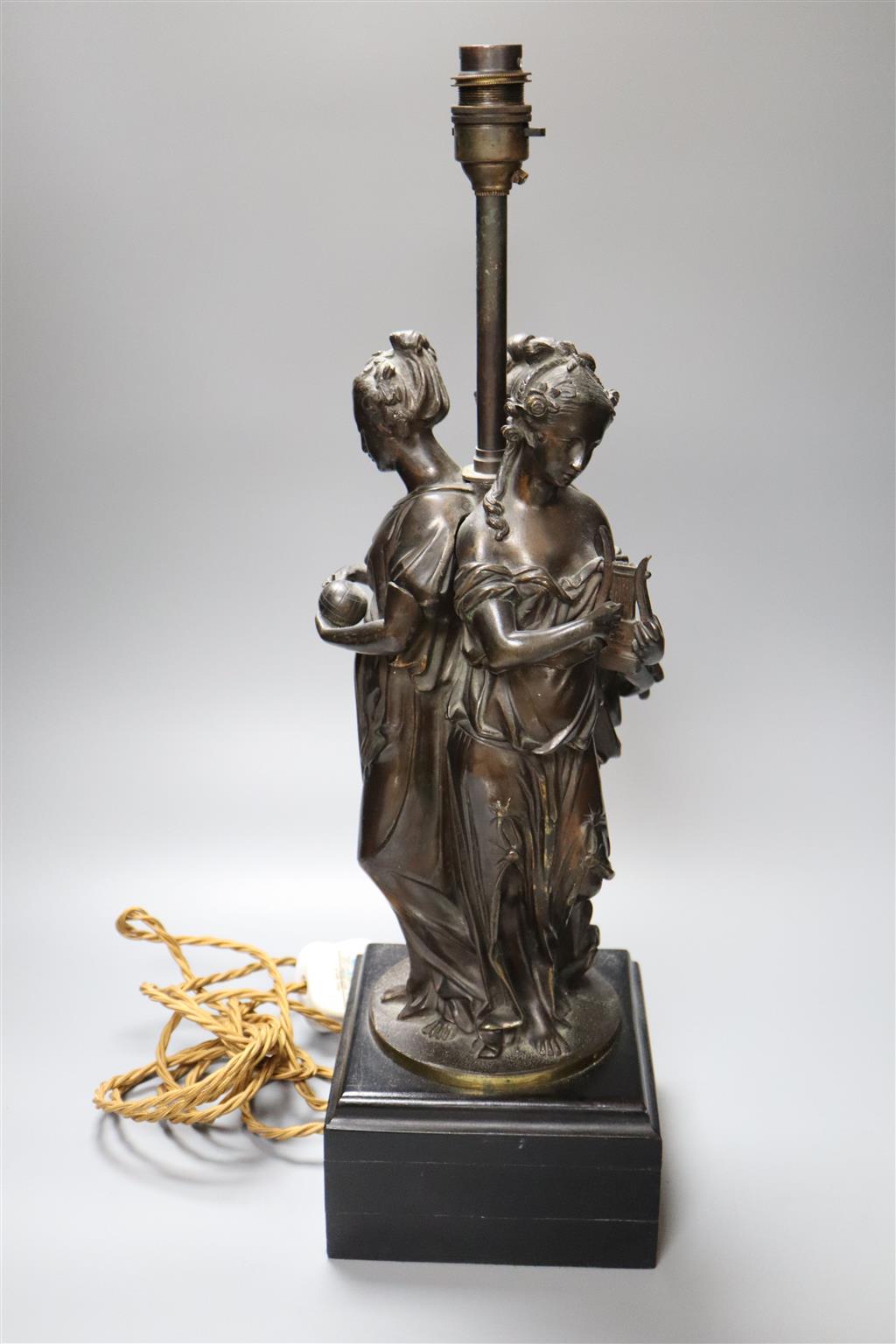 A Victorian bronze table lamp with the Three Graces stem, 52cm overall